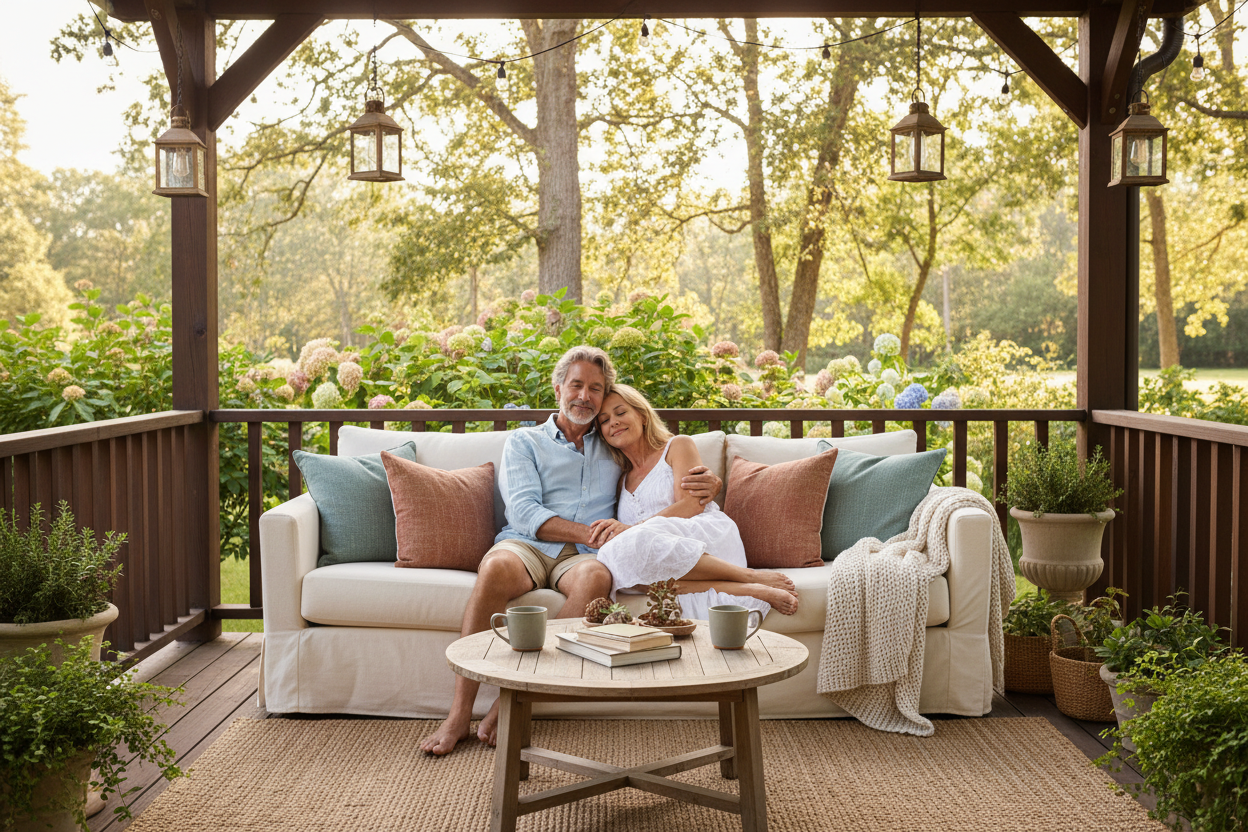 Mid aged couple relaxing on an outdoor porch in a nice sofa with pillows